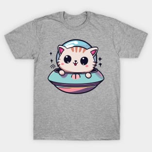 Cute Kawaii Cat in UFO T-Shirt